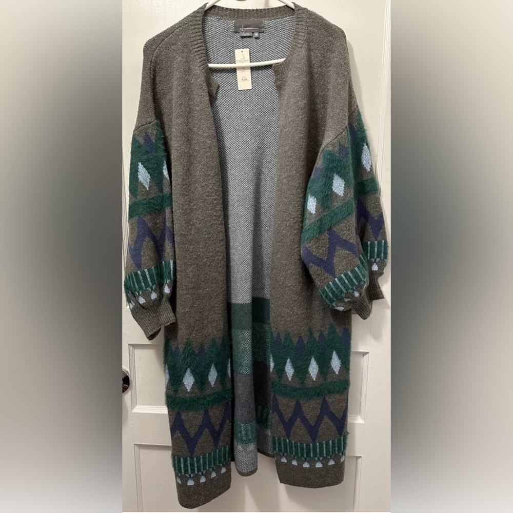 NWT Anthropologie Kai Ballon Sleeve Gray and Green Patterned Cardigan